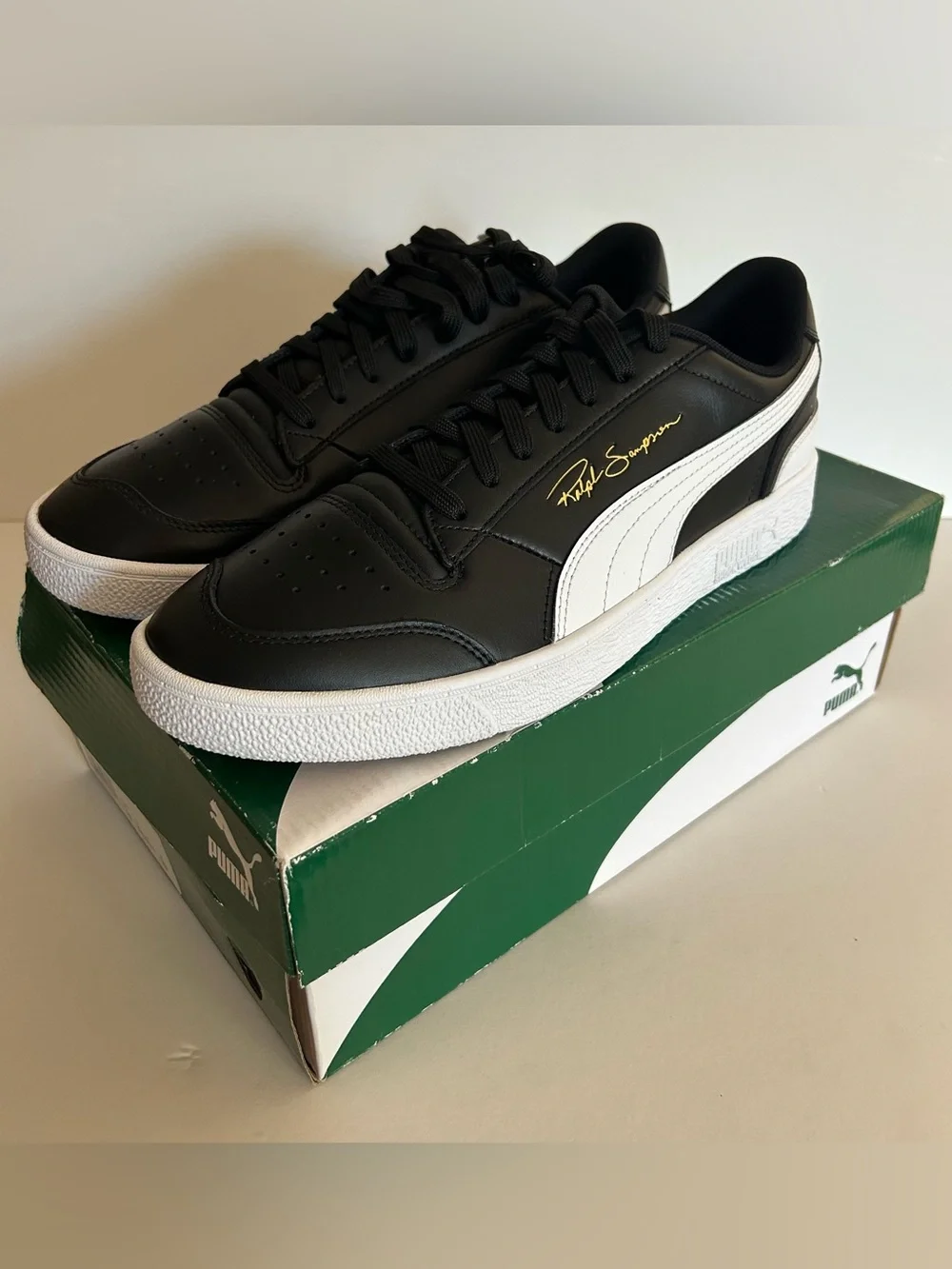 Puma Ralph Sampson Lo Black Leather Sneakers w/White Formstrip and Gold Script